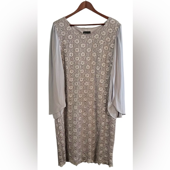 connected apparel Dresses & Skirts - Macy’s Connected Dress 20W Rosegold Gray Sequin Lace Overlay Stretch Cape Sleeve